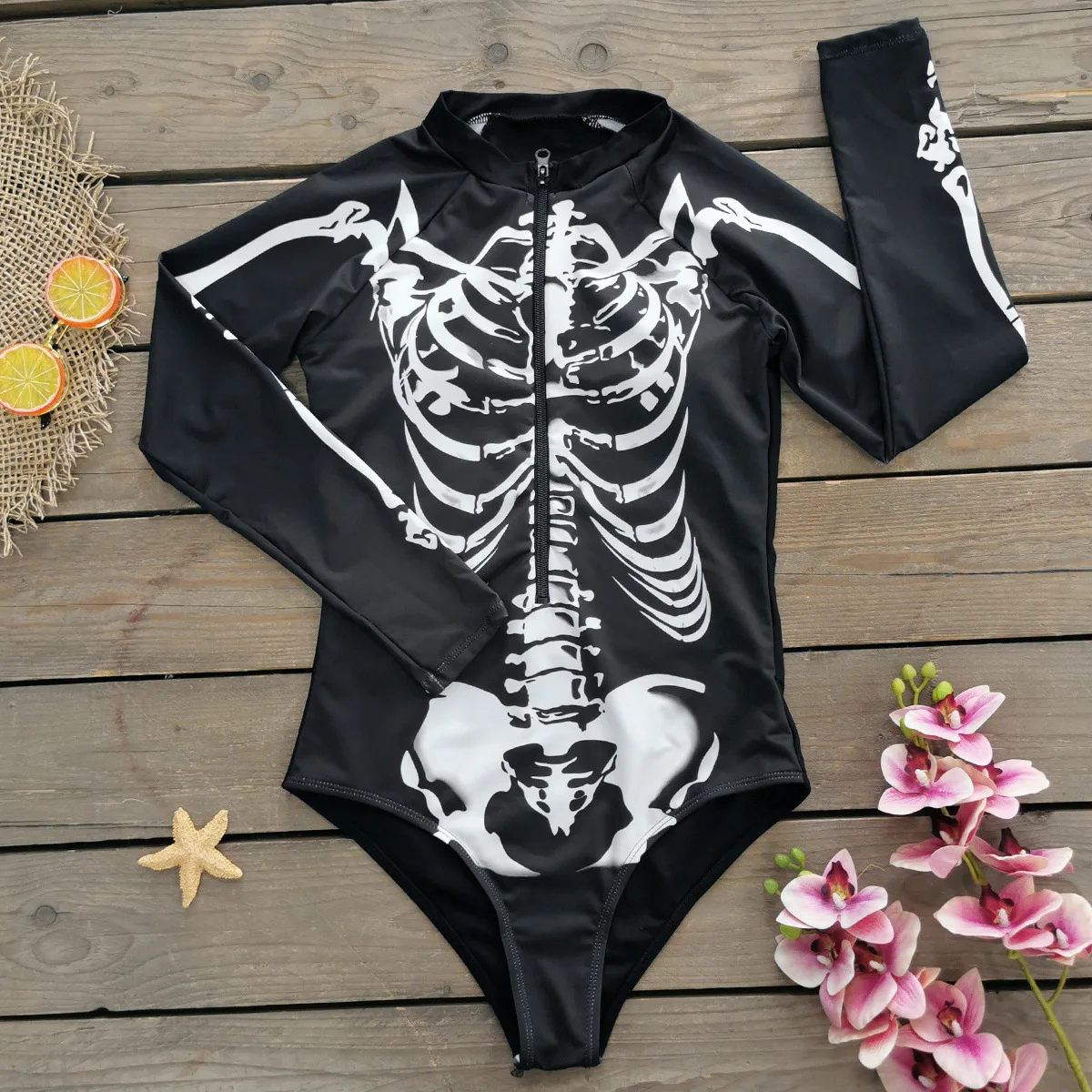 2023 Surfing Sport Swimsuit One Piece Long Sleeves Women Swimwear Skeleton Zipper High Quality Bath Suit Halloween Costumes