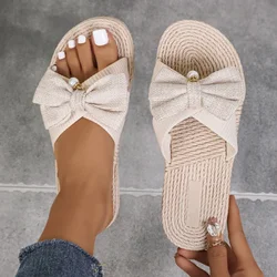 Women's Artificial Straw Sole Shoes 2024 Summer Designer Bow Flat Weave Beach Flip Flops Ladies Light Slippers Zapatos De Mujer