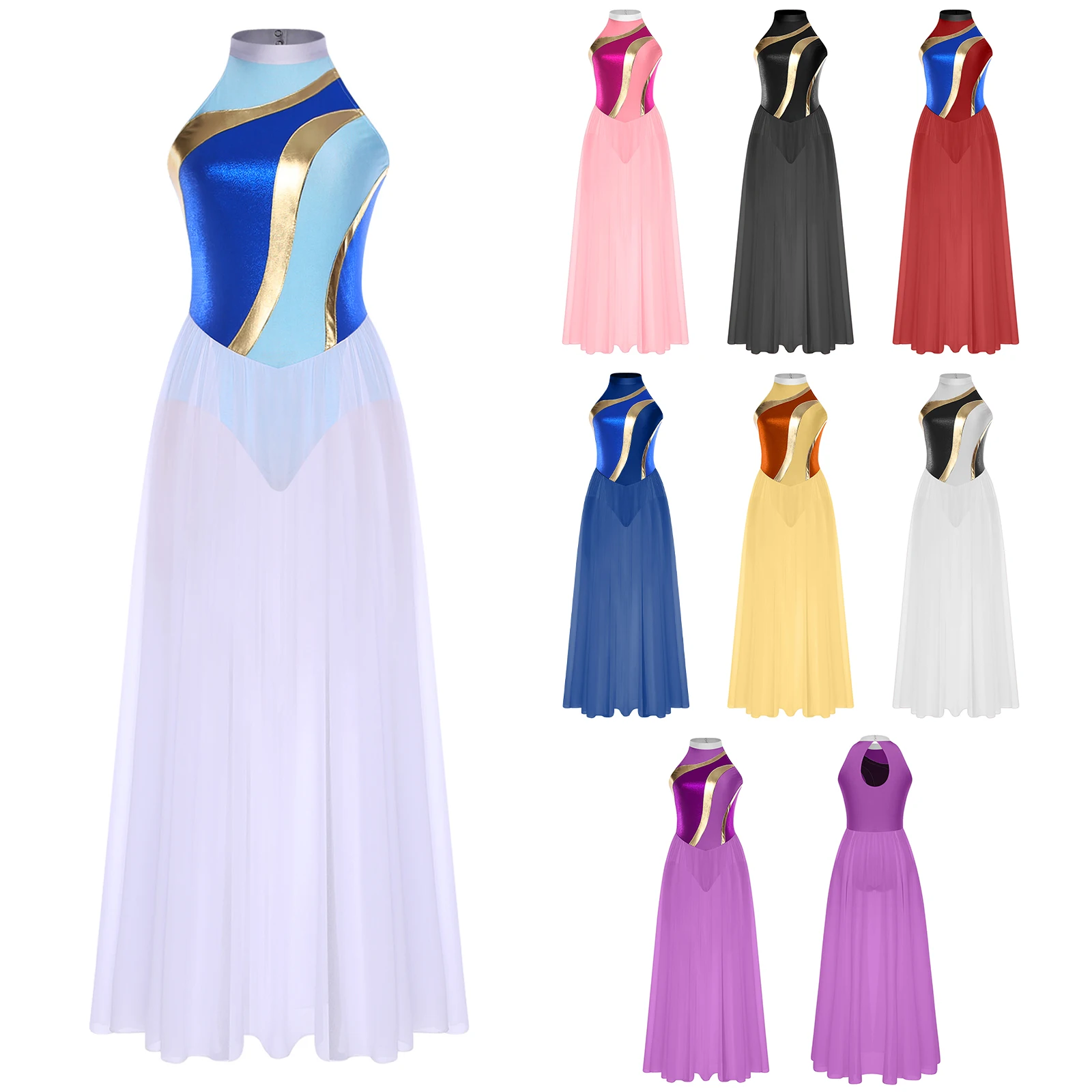 Vestido lírico para mujer, vestidos contemporáneos, cuello halter, sin mangas, superposición de gasa, falda larga, traje de baile de rendimiento