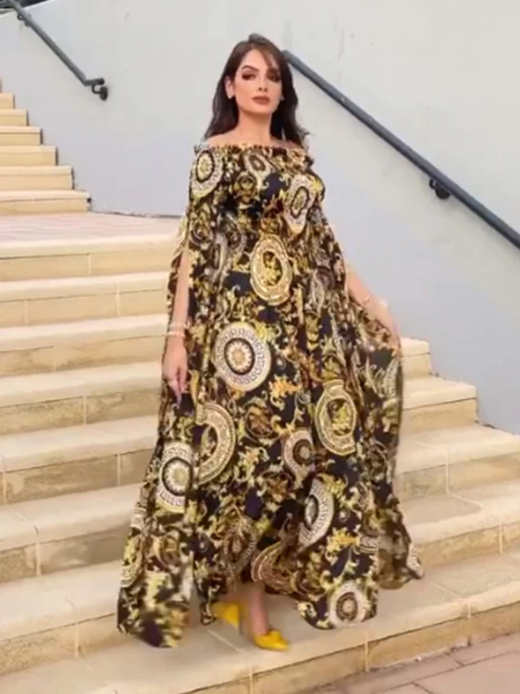 Turkey Muslim Party Dress Gold Print Abaya Dresses Women 2022 Eid High Street Luruxy Evening Dress with Cloak Robes Vestidos