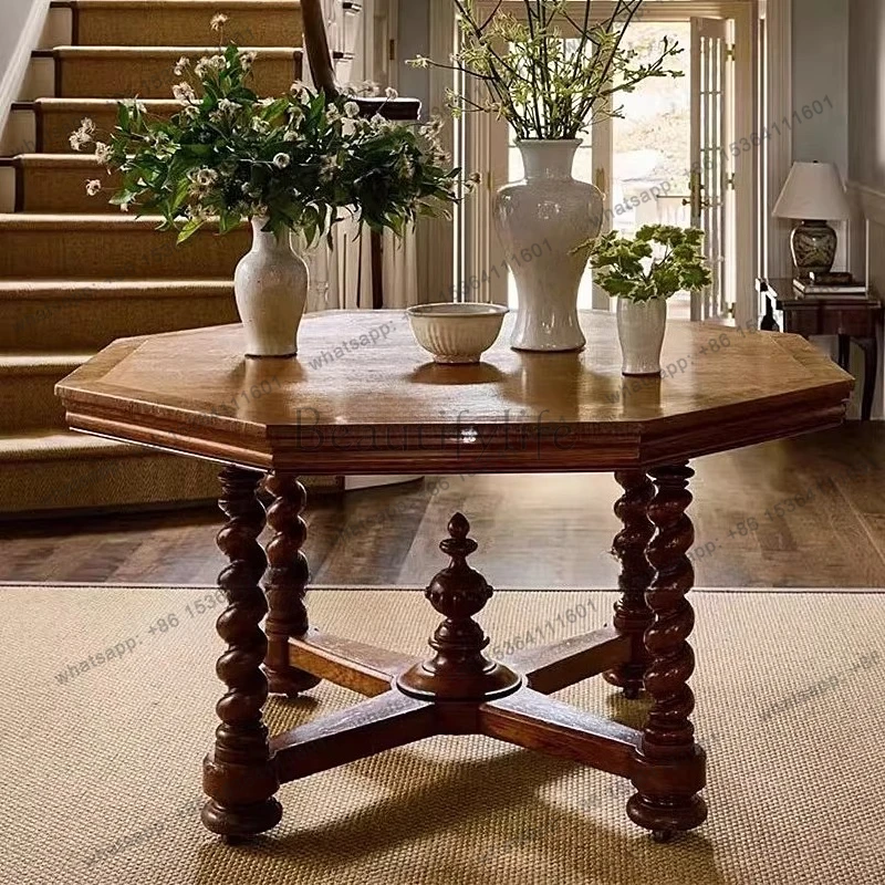 Medieval solid wood Roman column household American retro art carved small table