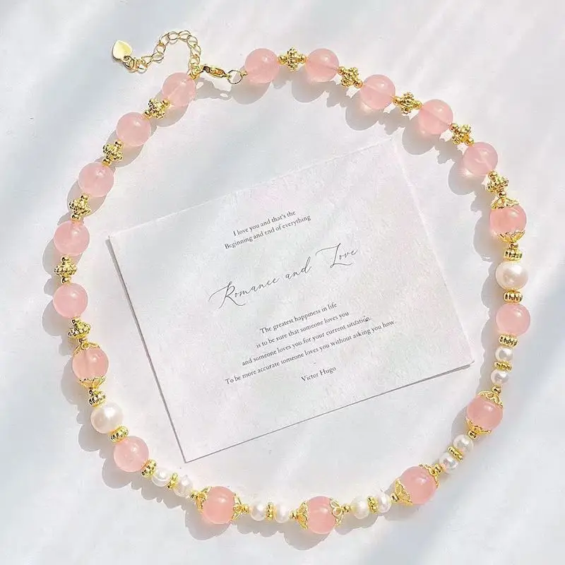 High-quality fresh and natural freshwater pearl necklace with a Madagascar rose quartz design perfect as a clavicle chain