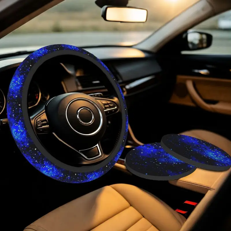 3Pcs/Set Blue Sky Print Interior Set Car Accessories Includes 1Pc Steering Wheel Cover and 2Pcs Car Cup Coasters