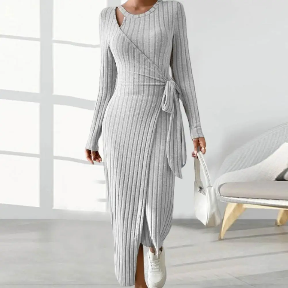 Comfortable Women Dress Women Dress Elegant Lace-up Maxi Dress with Irregular Hem Striped Detail for Women