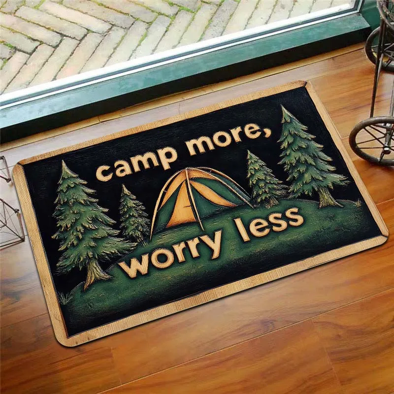 1pc Soft & Comfortable 8mm Thick Flannel 'Camp More, Worry Less' Forest Camping Design Door Mat - Machine Washable, Ideal for