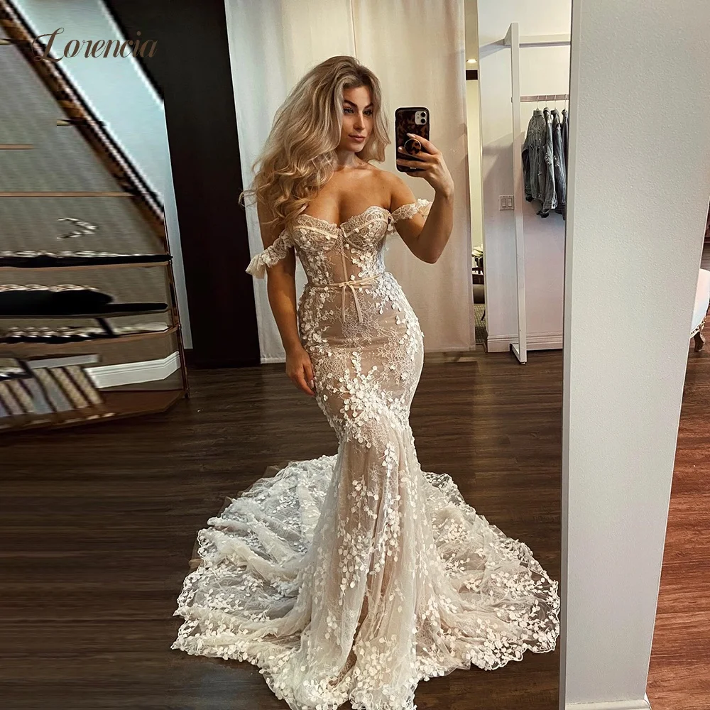 Lorencia Champagne Lace Mermaid Wedding Dresses Off the Shoulder Straps Trumpet Bridal Gowns Customized Fitted Bride Dresses
