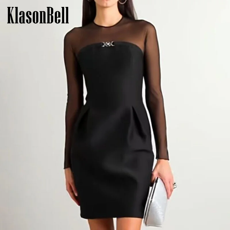 

8.6 KlasonBell Women Metal Button Design Sexy Sheer Mesh Spliced Long Sleeve Dress Elegant O-Neck Collect Waist Banquet Dress