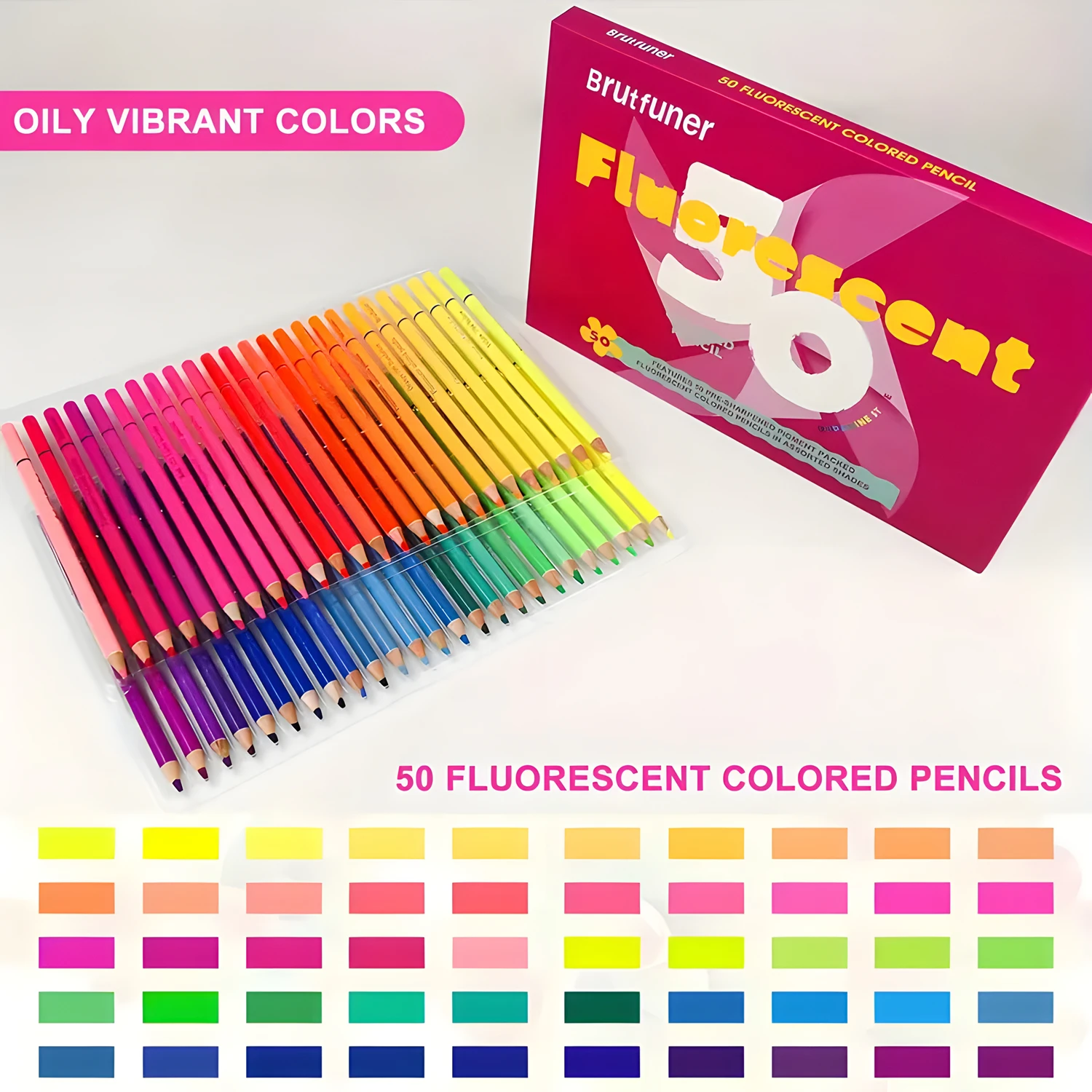 Brutfuner 50-Count Voorgeslepen Fluorescerende Kleurpotloden, Mediumpoint, Hout, Zachte Kern, Artist Kwaliteit Voor Schetsen En Kleuren