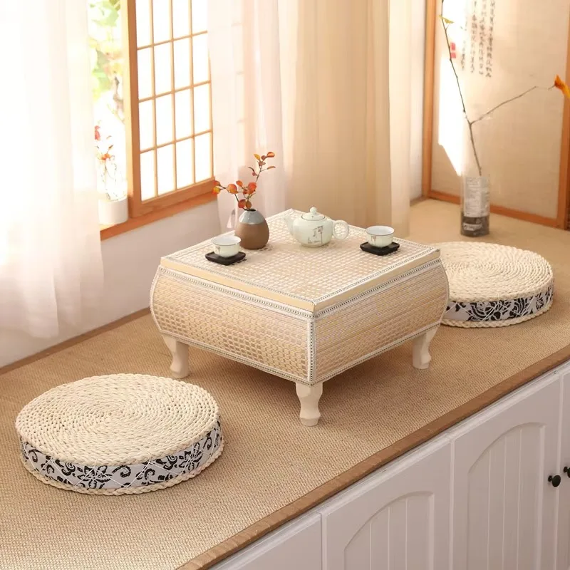 Handwoven Rattan Tatami Stand Minimalist Bay Window Tea Table Solid Wood Desk Rustic Furniture Window-Side Table