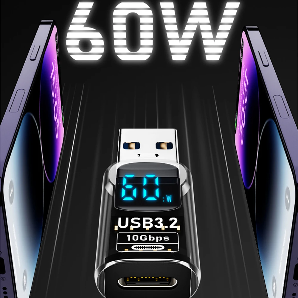 Digitale LED Display USB 3.2 Adapter 36-60W 10Gbps Laptop Type-C Converter Datatransmissie Smart Chip Power Meter Tester