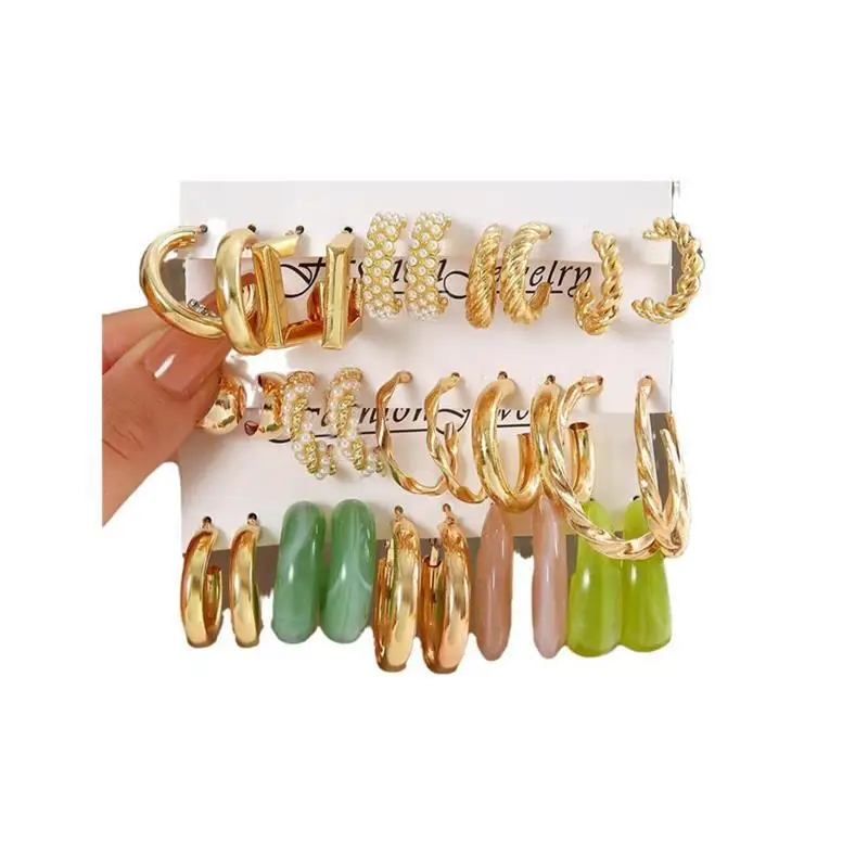 Metal Twisted Chain Earring Set Women's Faion Jewelry Hoops Studs Combo Alloy Embedded Artificial Gem ex New Arrival