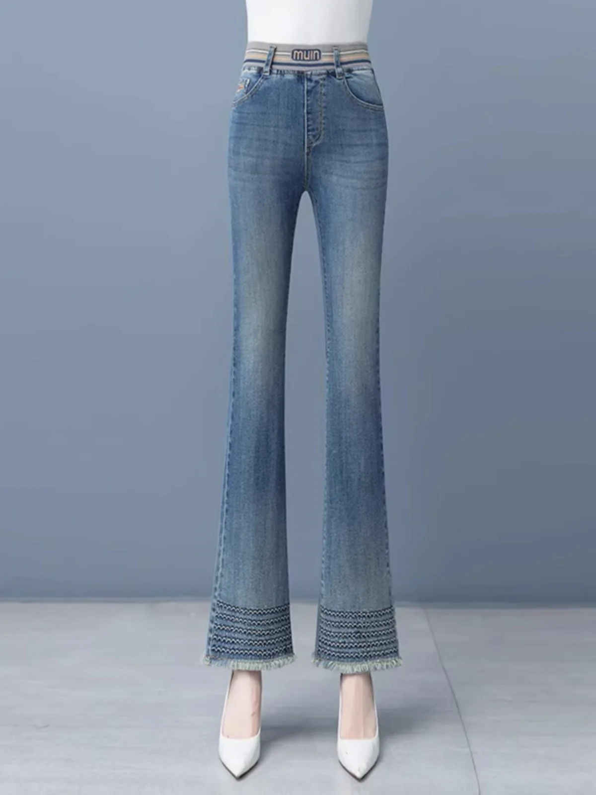 High Waist Micro Flare Jeans Women's Thin New 2025 Embroidered Elastic Band Slim Fit Stretchy Frayed Hem Bell Bottoms
