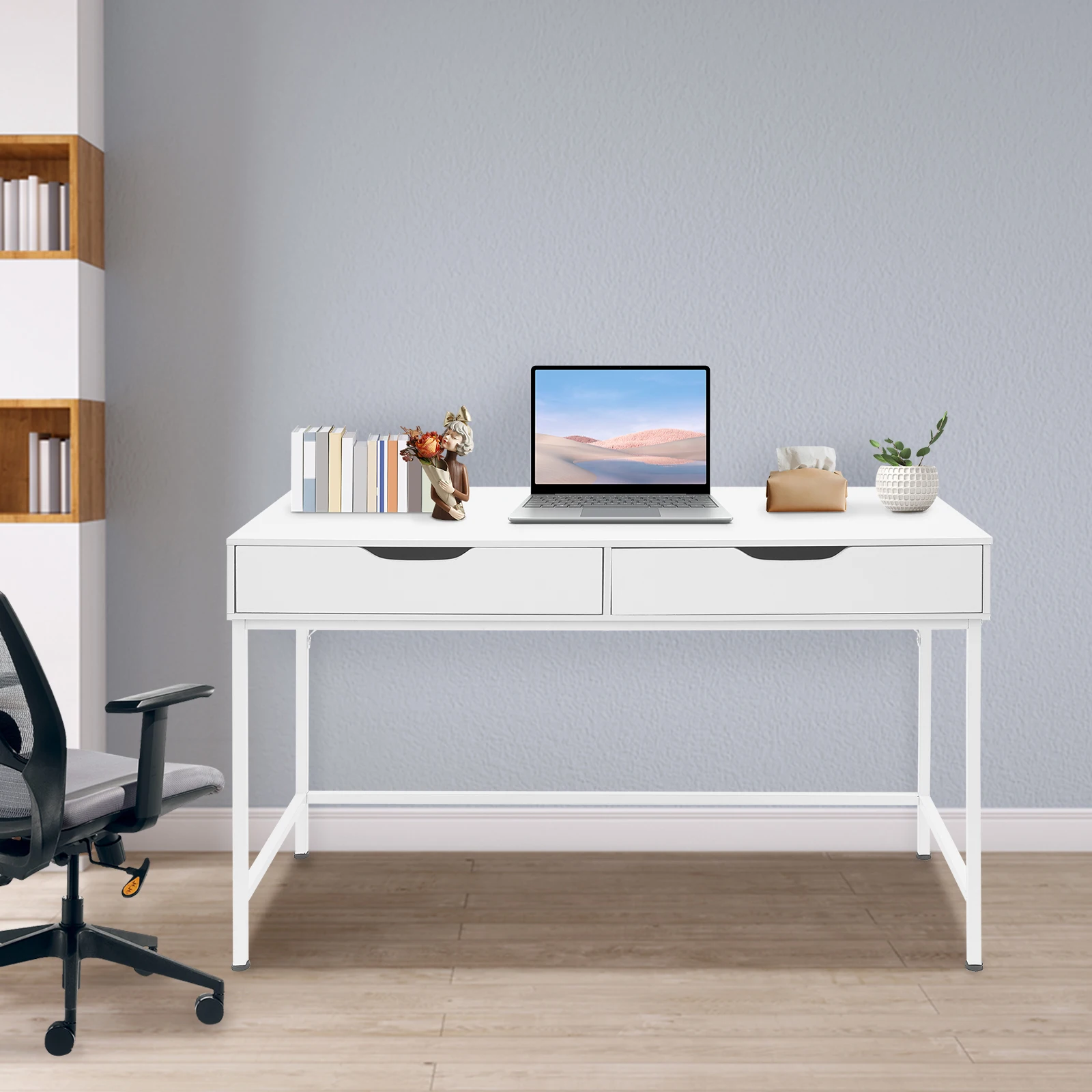 Modern Computer Desk with 2 Drawers Study Writing Office Desk Metal Frame White Rectangular