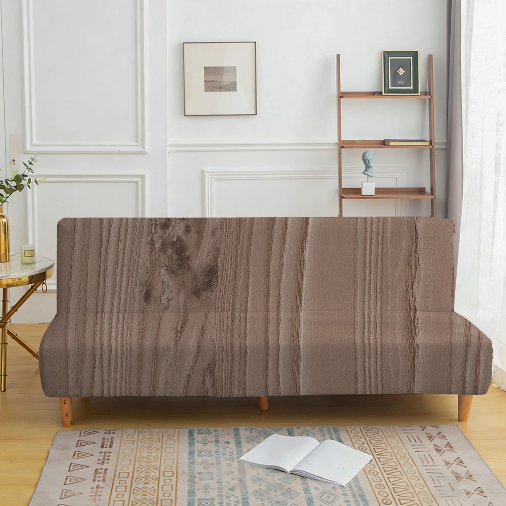 Brown wood grain sofa bedspread, elastic sleeveless sofa cover, dustproof and non-slip furniture protective cover