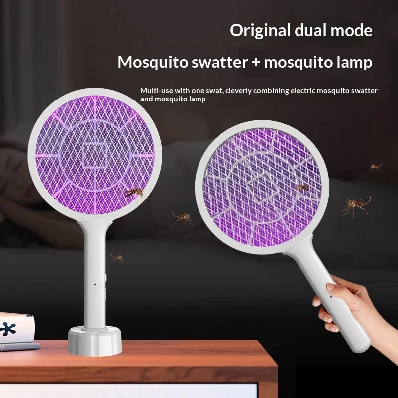 Raquette anti-moustiques électrique multifonctionnelle 2-en-1 rechargeable par USB avec base à lumière et fonction de tuer les mouches
