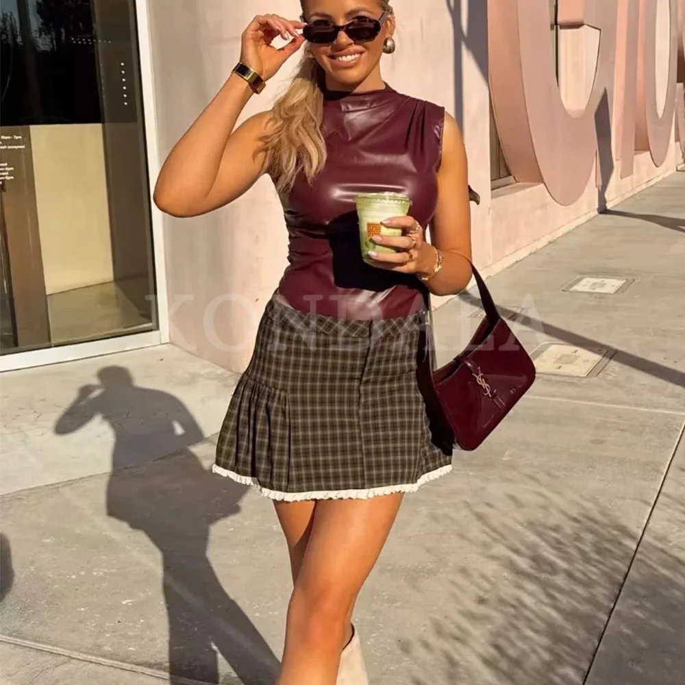 KONDALA 2026 Spring Summer Casual Plaid Women Mini Skirts Fashion Elegant Zip Up Lace Patchwork Christmas Ladies Mini Skirts