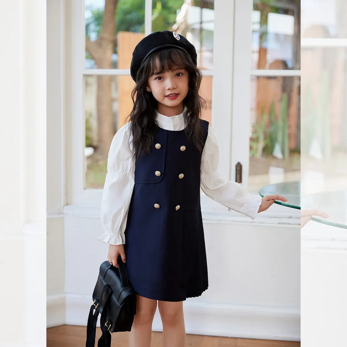 

Kids School Dress White 2025 Autumn New Children Long Sleeve Blouse and School Sundress for 2 To 8 Years Old Girls Clothes Suit