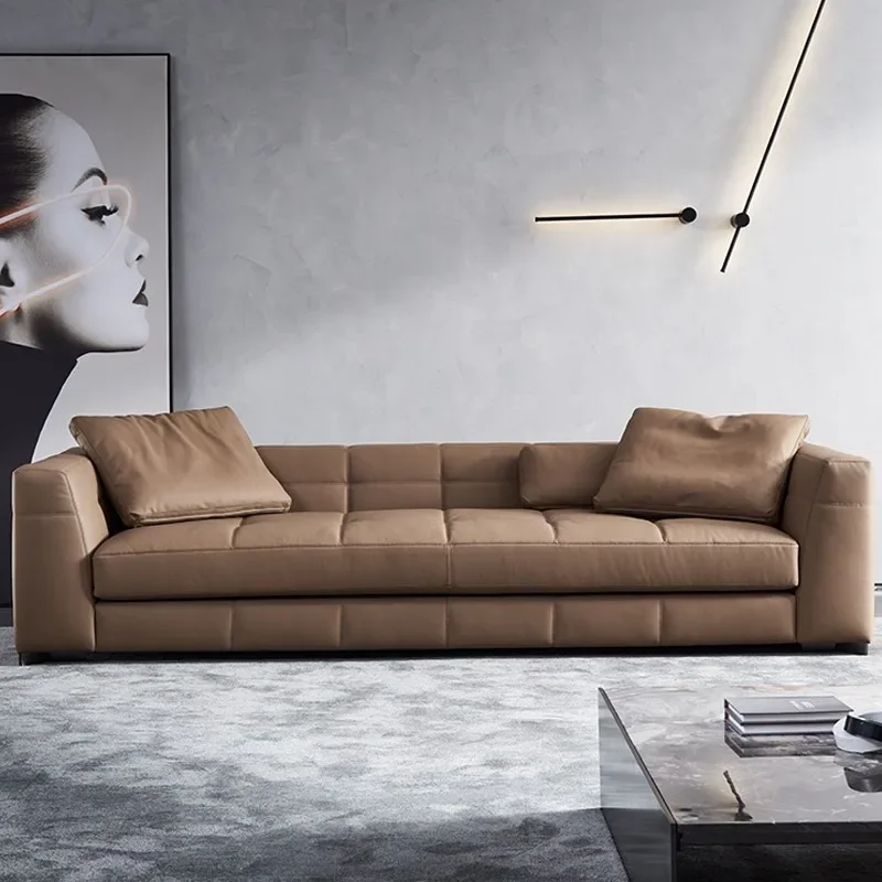 Italian style minimalist leather sofa living room modern simple first-layer cowhide light luxury straight combination