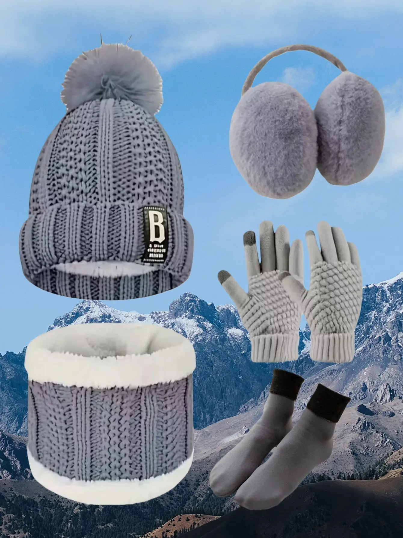 Immagine 4: Set multipezzi unisex invernale caldo e alla moda con cappello ispessito, scaldacollo, guanti, paraorecchie e calzini