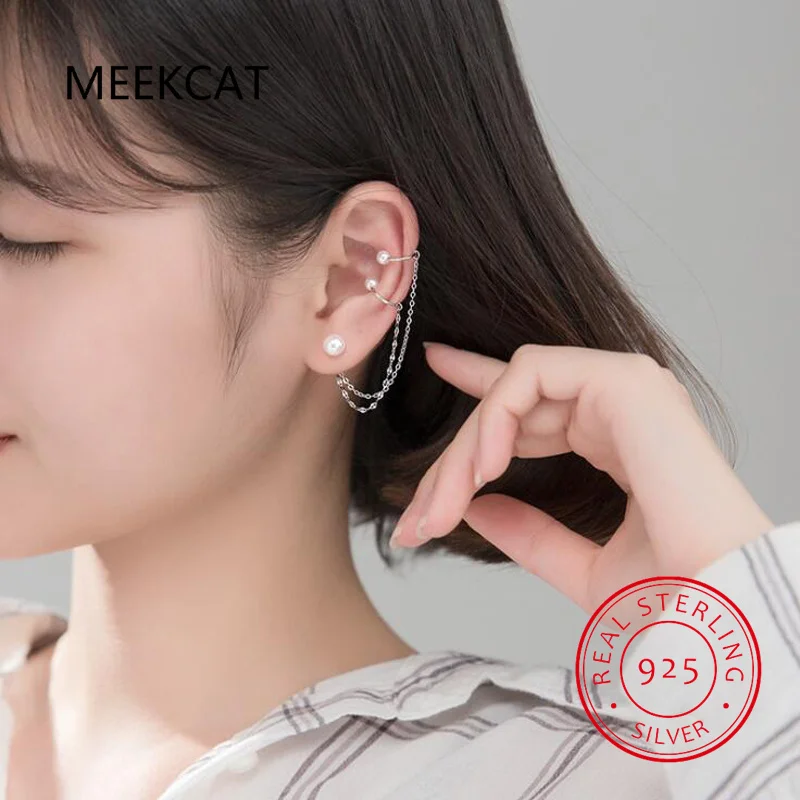 Minimalist 925 Sterling Silver Double Layer Chain pearl Ear Line Cuff Clip on Earrings for Women Jewelry Gift DA1213