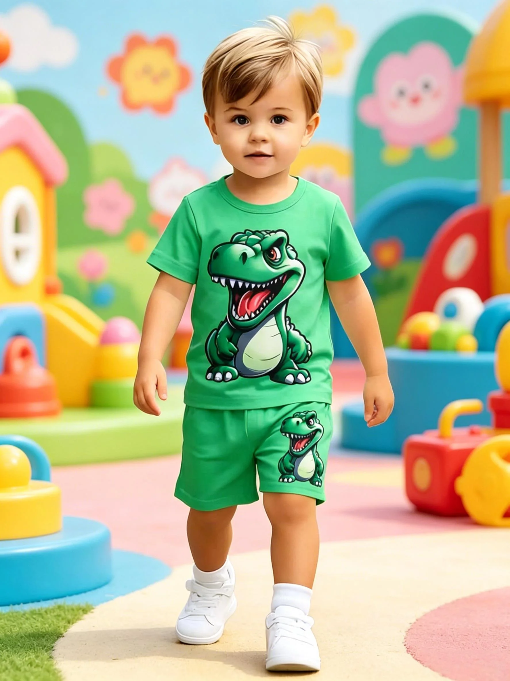Kurzarm-Shorts mit Dinosaurier-Aufdruck für Jungen, 2-teiliges Set, sommerliches Outfit im verspielten Stil – Detail 1