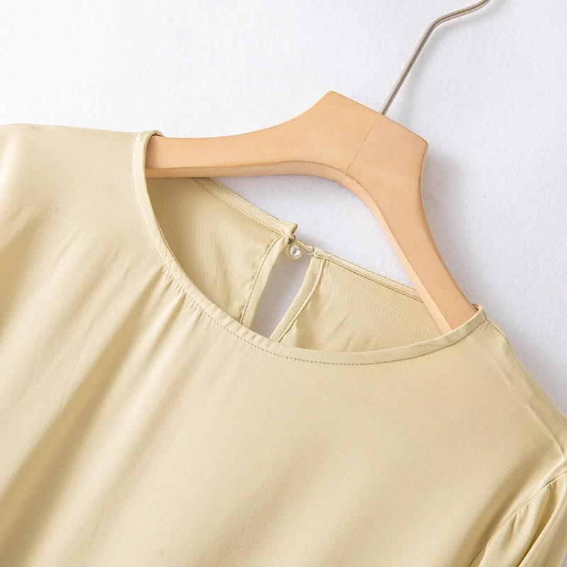 BirdTree, 93% Silk 7%Spandex, Women Solid Lantern Sleeve T-Shirts, Elegant Fashion Tee, 2024 Spring Summer New Top T43280QM image 6