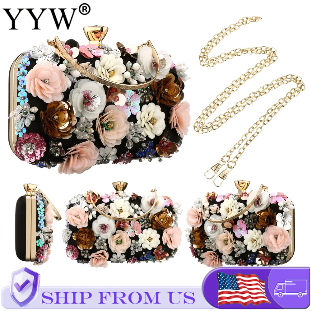 Fashion Women Evening Bags Flower Beading Embroidery Handmade Clutch Luxury Lady Handbags Chain Shoulder Purse Wedding Party Bag