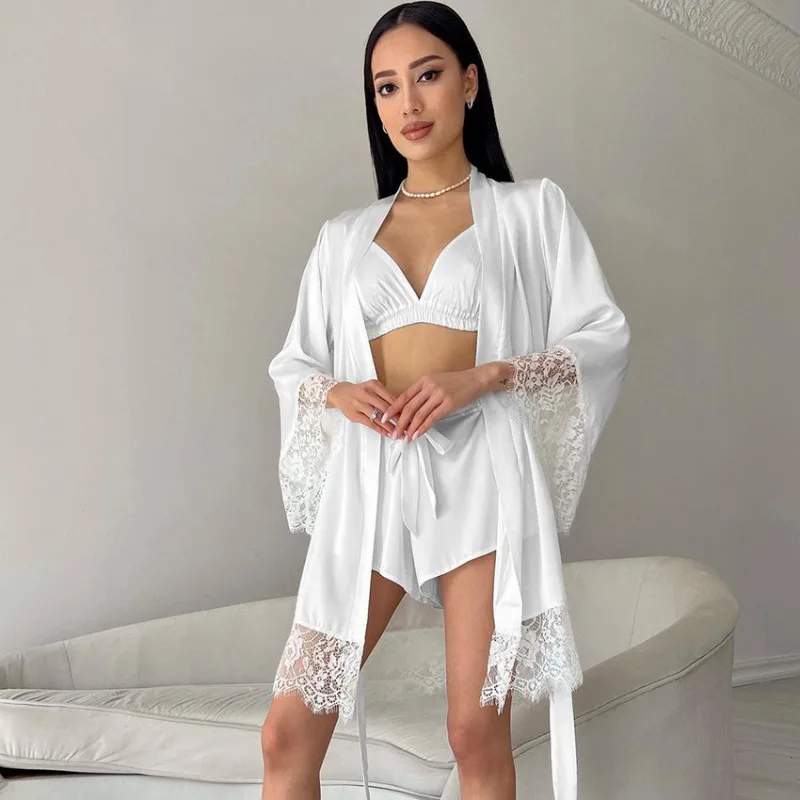 2025 European American New Lace Comfortable Women's Summer Three Piece Set Long Sleeved Underwear Shorts Loose Loungewear L Size