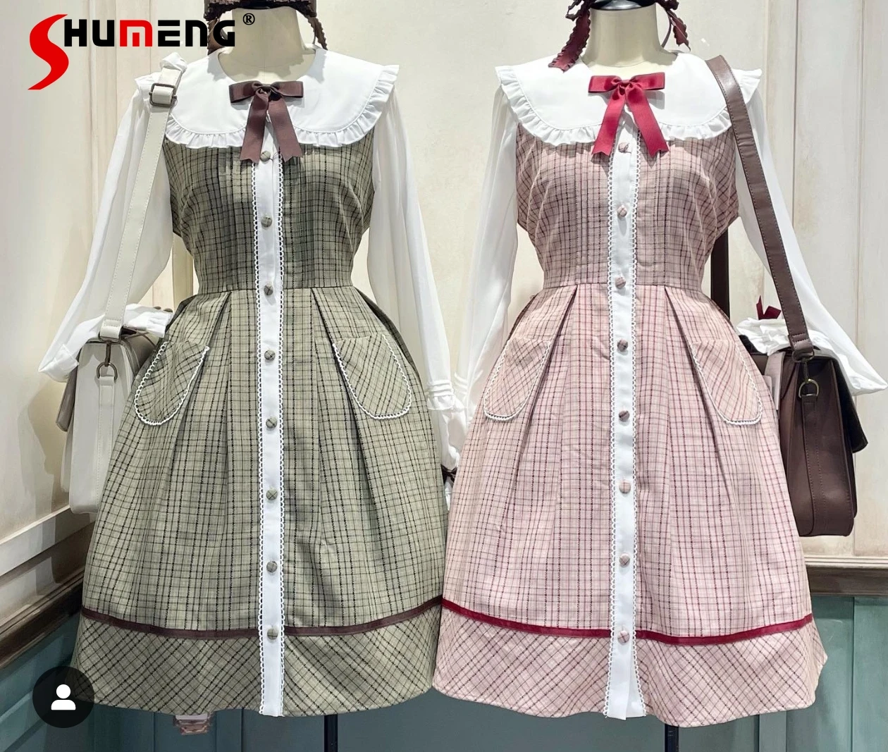 Japanische Süße Nette Puppe Kragen Bogen Patchwork Langarm Einreiher Hohe Taille Schlank A-linie Plaid Lolita Kleid Frauen herbst