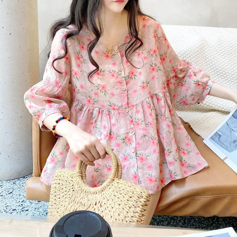 

Summer New Cotton Women's Blouses Korean Commute Spliced Ruched Button Loose Round Neck Lantern Sleeve Sweet Printed Shirt Tops