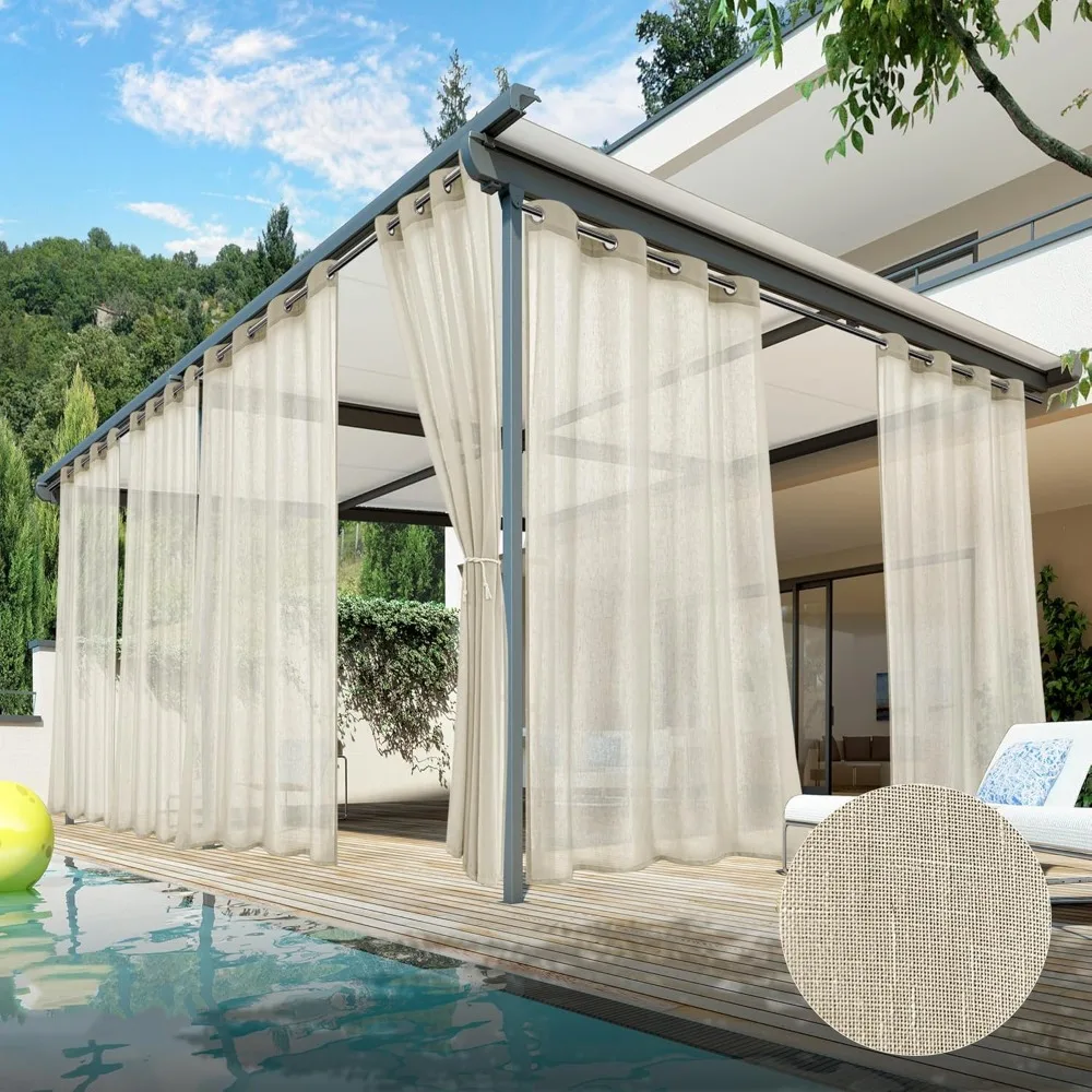 

6 Panels Outdoor Curtains for Patio-Natural Linen Semi Sheer Curtains for Patio Waterproof, Privacy Sun Light Indoor Outside Dr