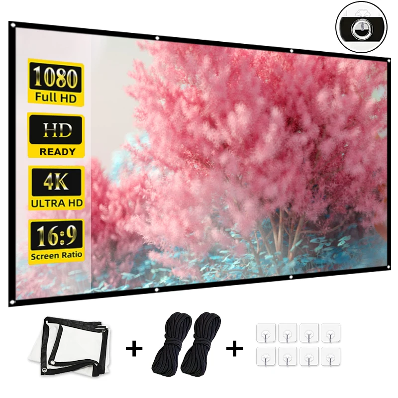 

Projection screen with cord, available in various sizes including 60, 72, 84, 100, 120, 150 inches