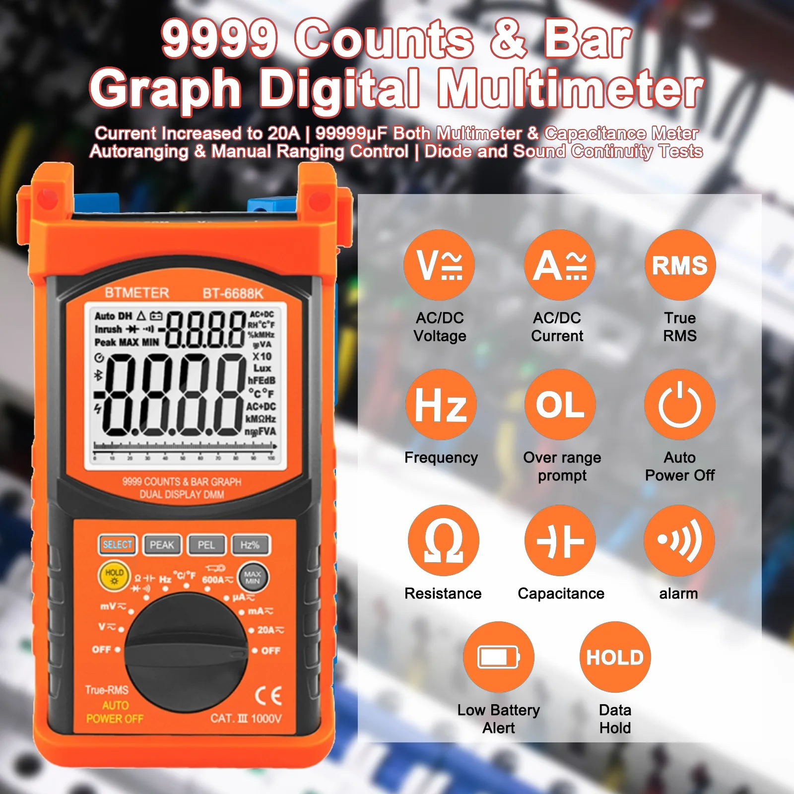 DIGITAL MULTIMETER 9999 COUNTS & BAR GRAPH DUAL DISPLAY 6688-K DC&AC voltage,DC&AC current,resistance,capacitor,frequency