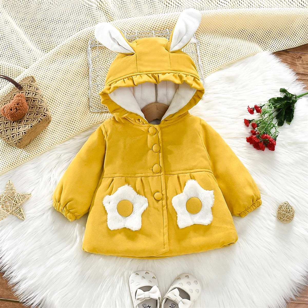 Winter Girls\' Jacket Baby Filled Cotton Hooded Warm And Cute Single Breasted Windproof Thickened Outerwear Coat