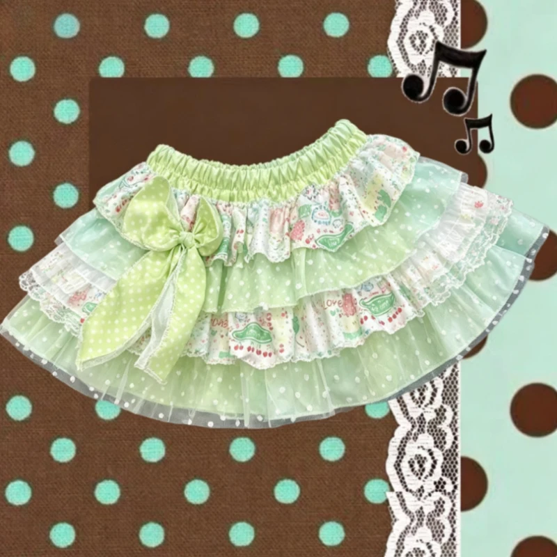 Kawaii Polka‑Dot Puffy Cake Skirt Japanese Y2K Cute Bow Design,Sweet Lolita Colorful Splicing Mini Short Skirt for Women