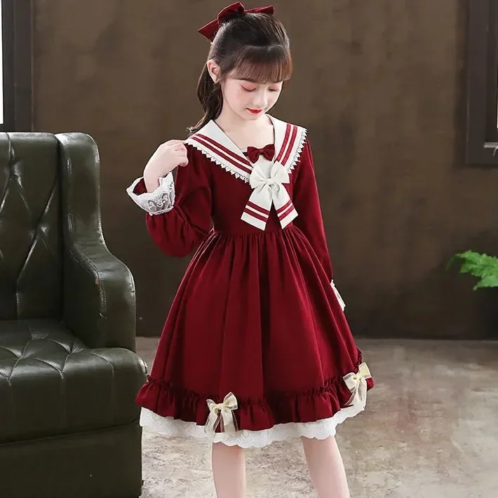 2023 Winter Autumn Girls Clothes Retro Teens Sailor Lace Collar Bowtie Uniform Child Princess Dress 7 8 9 10 12 Year