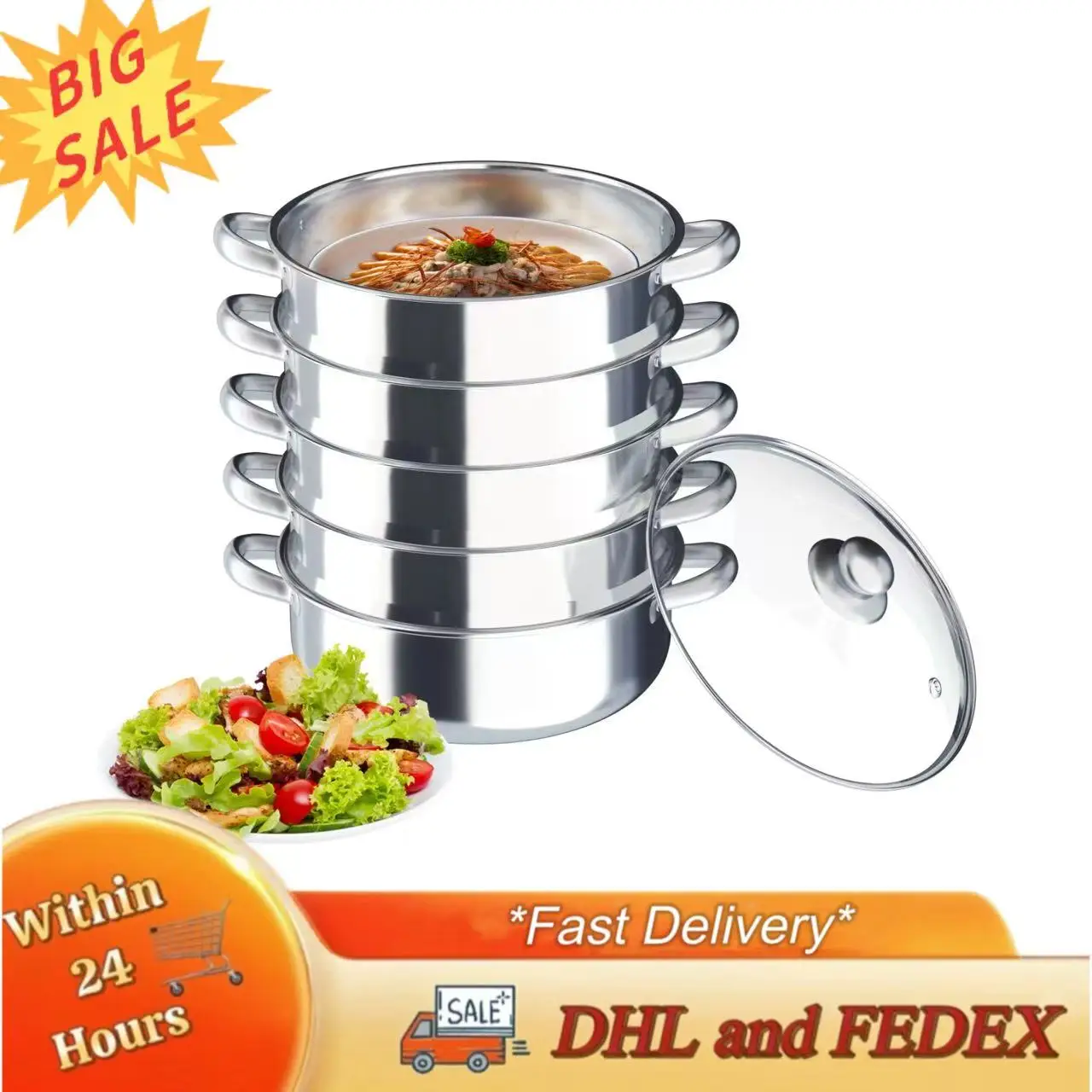 

5-уровневая пароварка из нержавеющей стали 304, многофункциональная пароварка толщиной 0,5 мм, пароварка «сделай сам», для креветок, краба, риса, 30/26 см