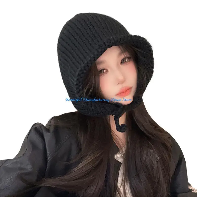 

E56A Women Knit Cap Solid Color Ear Muff Hat Winter Beanie Hat Windproof Skiing Hat