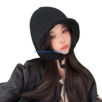E56A Women Knit Cap Solid Color Ear Muff Hat Winter Beanie Hat Windproof Skiing Hat