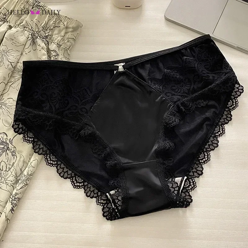 New French Style Sexy Lace Panties Women\'s Thin Hollow Out Pure Cotton Crotch Breathable Mid-low Waist Satin Underwear