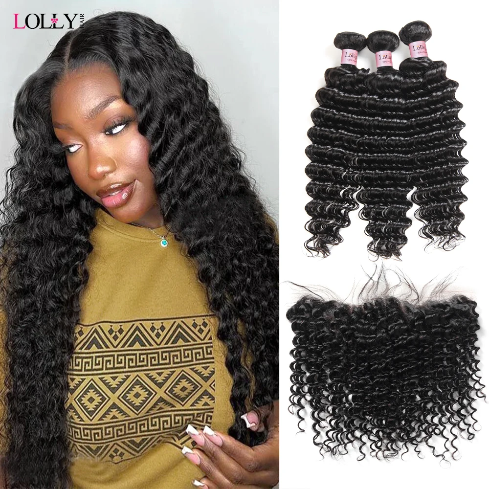 Lolly  deep Wave Bundles With Frontal  Brazilian Weave Bundles Hair With 13x4  frontal Wave Bundles Human Hair 28 30 Inch