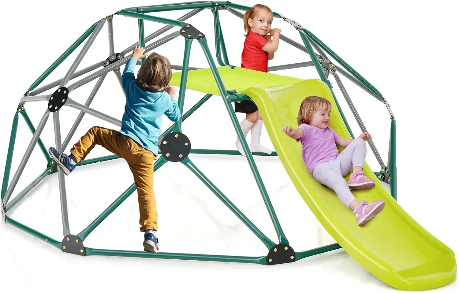 Dome with Slide, 8FT Kids Jungle Gym Monkey Bar Climbing Toys for Outdoor, 2 in 1 Indoor Geometric Dome Climber Playground Set f