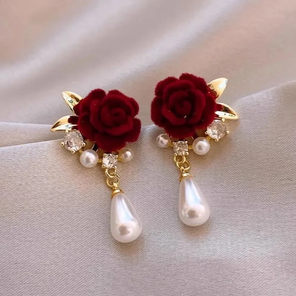 1Pairs Rose Flower Retro Bridal Earrings for Women Red Velvet Super Fairy Decorative Earrings Vintage Chinese Style