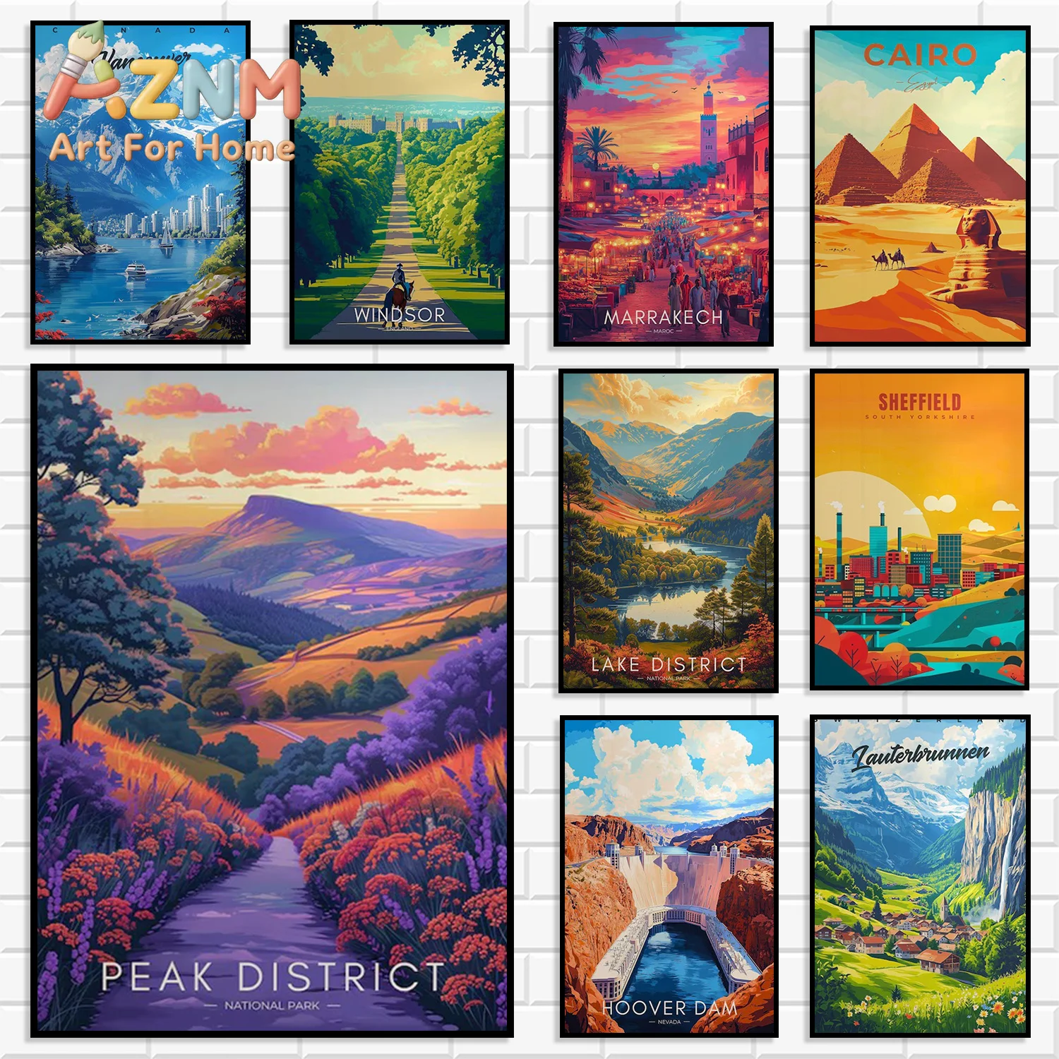 Vintage World Travel City Canvas Wall Art Set Global Famous Country Landscape Poster Retro Colorful Travel Print for Home Dec