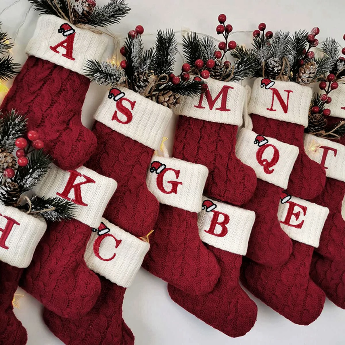 Calcetines navideños con letras para el hogar, medias de punto con colgante de árbol de Navidad, regalo de Navidad, sombrero de Papá Noel, alfabeto,