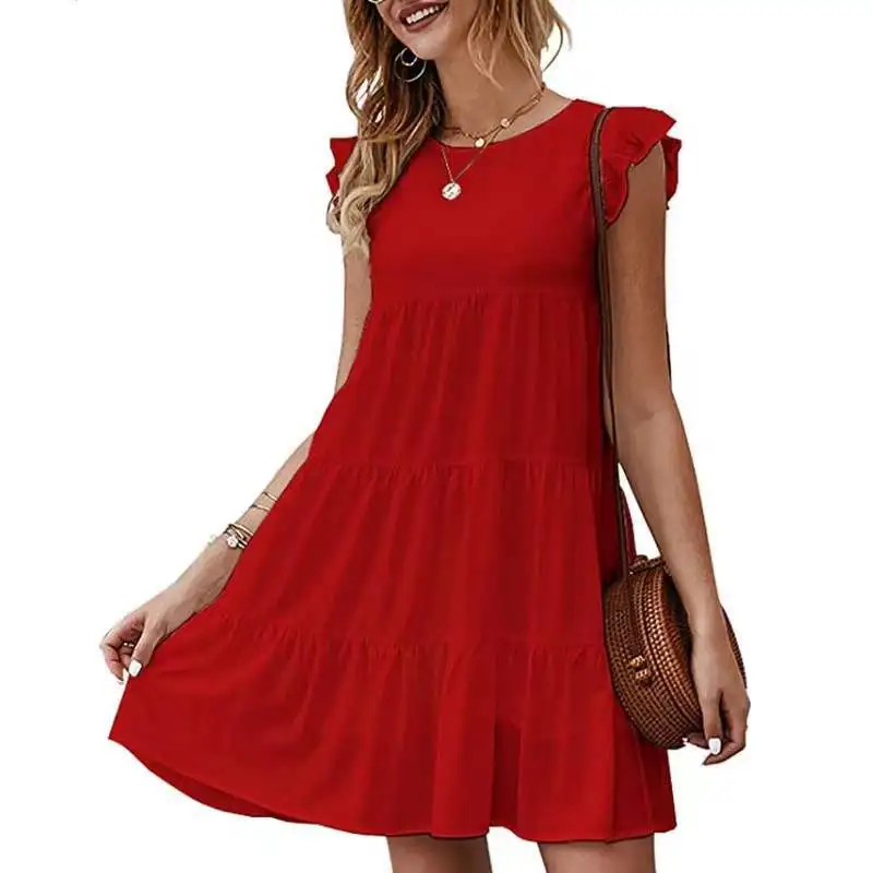 2025 Summer new solid color round neck short-sleeved dress casual cake skirt pleated skirt