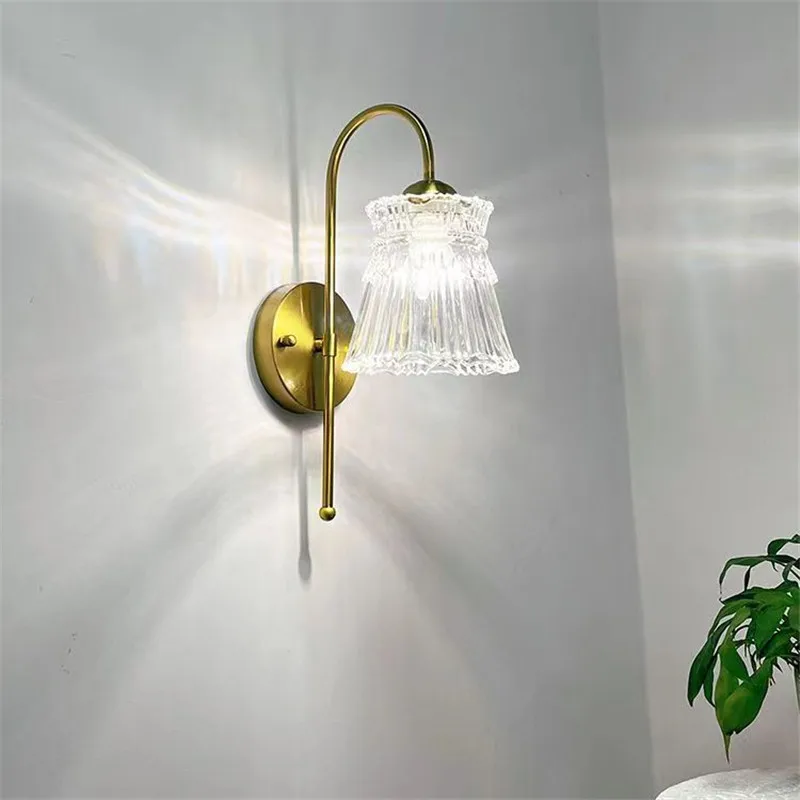 Golden Wall Lamp Bedroom Living Room Background Light Modern Flower Stairs Aisle Sconces Glass Lampshade Home Decoration