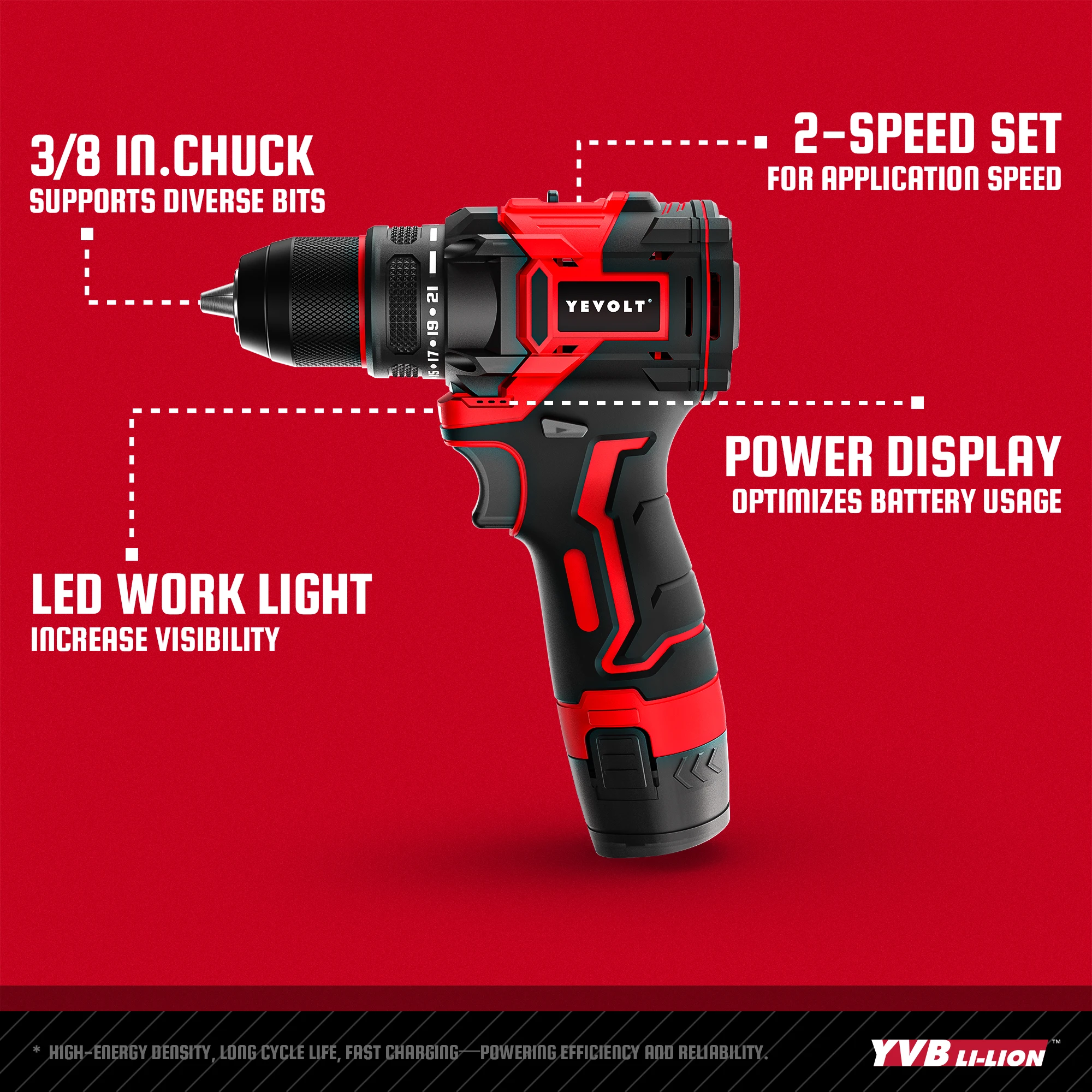 YEVOLT 12V Brushless Electric Cordless Drill Driver 2-Speed Electric Drill Compact Power Drill for Home DIY & Woodworking