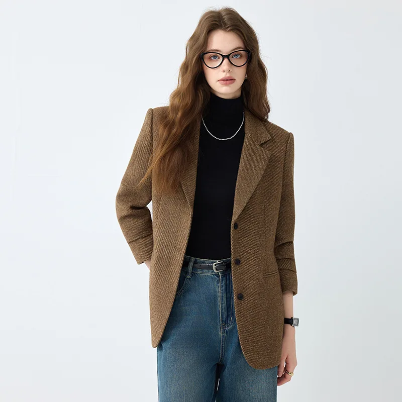 High quality woolen women blazer long sleeve jacket single breasted autumn winter 2025 elegant office clothes grey brown