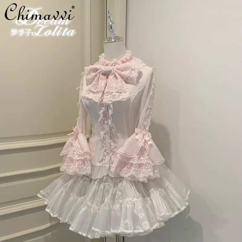 

Sweet Girl Doll Feel Chiffon Half-Sleeve Lolita Inner Shirt Super Fairy Cute Bowknot Elegant Princess Blouse Top Spring Summer